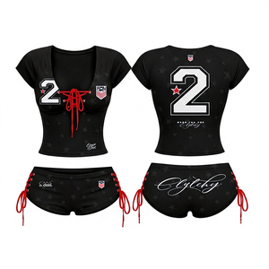 <b>Green</b> Women's 2 Piece Sports Set Short Sleeve <b>Lace</b> Up Top With Number 2 And Matching Shorts Breathable Spandex Polyester Spring - Product Image 2