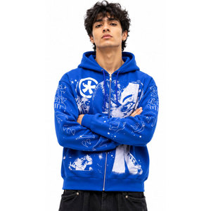 Sweat à capuche zippé bleu pour homme, coupe oversize, en coton, imprimé graphique, style streetwear décontracté, avec logo frontal - Product Image 2