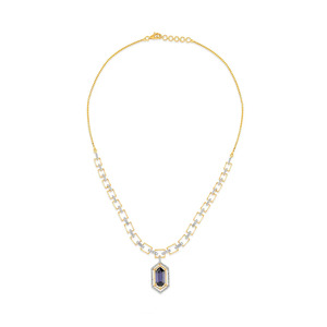 Royal Blue <b>Emerald</b> Frame Diamond <b>Pendant</b> Necklace with Open Square Link Chain Design - Product Image 2