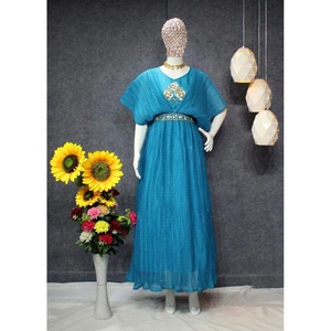 DISEÑADOR GEORGETTE SECUENCIA CHROCHET TRABAJO VESTIDO CON CINTURÓN SKY - Product Image 1