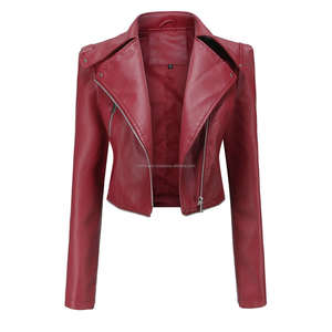 Chaquetas rojas de cuero de motorista con dobladillo transpirable para mujer, cierre de cremallera, cuello de solapa, manga larga, abrigo elegante ajustado - Product Image 5