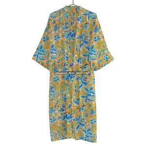 Floral Block Print Pure Cotton Kimono Women's Beach & Festival Cover Handmade Robe Summer Wear Bikini Cotton Bathrobe - Product Image 1