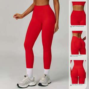 <b>Women's</b> Mid Waist <b>Red</b> Seamless Spandex/Polyester Yoga <b>Leggings</b> Full Length Solid Color Four-Way Stretch Elastic Waist Workout - Product Image 1