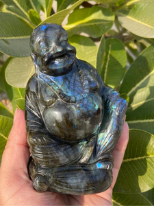 Statue de Bouddha rieur sculptée à la main en labradorite, pierre précieuse naturelle à reflets bleus, Feng Shui, méditation, décoration intérieure, vente en gros - Product Image 3