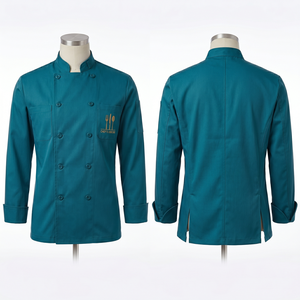 Ensemble uniforme de chef pour hommes, 240 GSM, sergé en polycoton, turquoise, manches longues, vêtements de cuisine, broderie personnalisée, impression de logo - Product Image 3