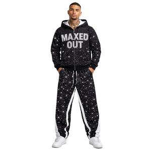 Fashion Crystal Embellished Full Zip Rhinestone Hoodies Joggers Sets Relaxed Fit Casual Winter Streetwear Wholesale Supplier - Product Image 1