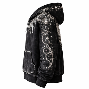 Luxury Rhinestone Zip Hoodie Heavy Crystal <b>Studded</b> Black Streetwear Premium Vintage Winter Oversized - Product Image 3