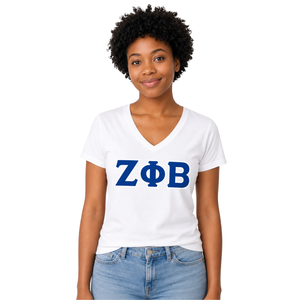 เสื้อยืดคอวี Zeta Phi Beta สีขาว-น้ำเงินกรมท่า สำหรับผู้หญิง  ตกแต่งด้วยตัวอักษรกรีกแบบ Twill Applique ZOB แขนสั้น ผ้าฝ้าย เสื้อทีเชิ้ตสำหรับชมรมนักศึกษา - Product Image 3