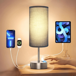 Lampada da Tavolo in Lino Dimmerabile a 3 Livelli con Porte di Ricarica USB A+C, Piccola Lampada da Comodino con Controllo Touch e Presa AC - Product Image 1