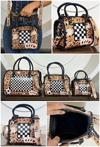 Premium Quality Floral Tooled Leather Small Speedy <b>Bag</b> Lightweight <b>Black</b> & White Checkered Leather Travel Duffle <b>Bag</b> for Unisex - Product Image 3