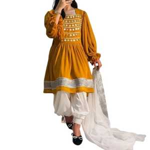 Yellow Embroidered Chiffon Ankle-Length Dress With White Palazzo <b>Pants</b> And Dupatta Bohemian Style A-Line Wedding Dresses - Product Image 1
