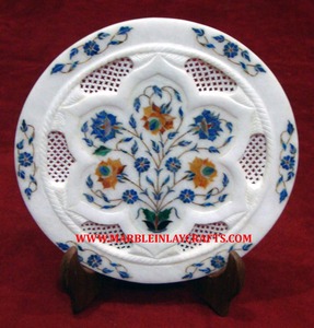 New Amazing Design Pure <b>White</b> Marble Floral Inlay <b>Round</b> Shape Plate For Home And Restaurant Decorative Purpose In Best Low Price - Product Image 5