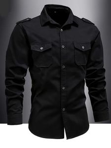 Chemise en jean noire à manches longues pour homme, 100 % coton sergé, col rabattu à bouton unique, style décontracté, idéale pour le travail, collection printemps - Product Image 3
