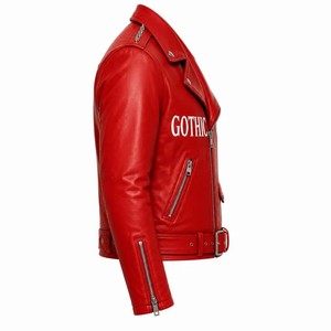 Blouson de moto en cuir PU rouge imperméable gaufré pour homme, fermeture éclair, imprimé croisé, col rabattable, style hiver - Product Image 2