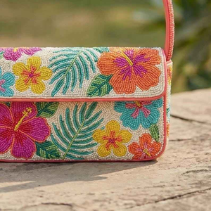 Hand Beaded Tropical Floral Handbag - <b>Pink</b>, <b>Orange</b>, Yellow & Teal Hibiscus Flower <b>Clutch</b> Artisan Summer <b>Bag</b> with BY MULTI CRAFT - Product Image 1