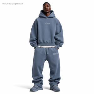 Ensemble deux pièces à épaules tombantes avec logo brodé personnalisé, en tissu polaire thermique, poche kangourou, poignets côtelés, vêtements de sport en gros - Product Image 1