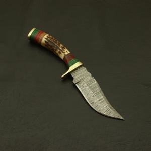 Cuchillo de caza y uso general de hoja fija de acero de Damasco con punta de clip, mango de asta de ciervo, funda de cuero, espiga completa, 3 años de garantía, OEM - Product Image 4