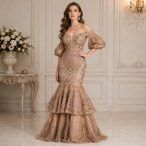 Luxury Champagne Gold Mermaid Evening Gown for Women Off Shoulder <b>Sequin</b> Formal Party Dress Wedding Guest Prom Maxi Outfit - Product Image 4