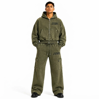 Ensemble survêtement homme Vocksin vintage vert olive avec sweat à capuche zippé et pantalon cargo ample en molleton de coton premium pour l'hiver