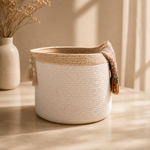 Grand panier de rangement en corde de coton tressé de qualité supérieure avec poignées pour le rangement de la décoration du salon et du bureau - Product Image 1