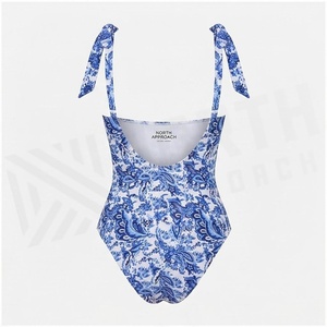 Maillot de bain une pièce pour femmes, imprimé floral bleu, col en V, bretelles à nouer, body extensible push-up - Product Image 2