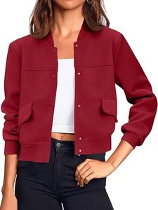 Chaqueta Bomber Roja para Mujer, Color Sólido, Manga Larga, Cierre de Botones, Cuello Alto, Ropa Exterior Informal, Largo Corto, Bolsillos con Parches - Product Image 1