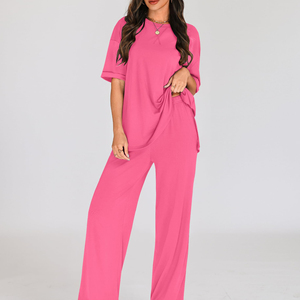 Ensemble 2 pièces d'été pour femme : T-shirt et pantalon évasé à jambes larges – Personnalisez votre logo de marque - Product Image 3