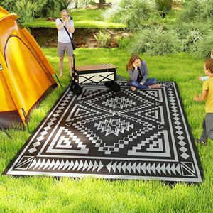Tappeto da esterno reversibile nero e grigio impermeabile in plastica con borsa da trasporto 9X18 'quadrato Patchwork Design - Product Image 2