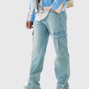 Jeans de Mezclilla Cargo Azul Claro para Hombre, Corte Holgado, Cintura Media, Estilo Streetwear, Tela de Algodón, Temporada de Primavera - Product Image 1