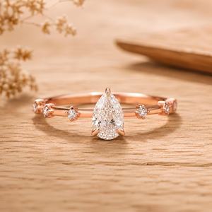 Diamond Solitaire Minimalist Engagement Ring Pear Brilliant And Round Cut Lab Grown 10k 14k 18k Solid Gold Prong Set Fine Ring - Product Image 1