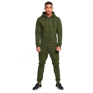 Survêtement à capuche pour hommes, couleur vert olive, ensemble de sweat à fermeture éclair respirant en polyester et coton avec poche latérale - Product Image 1