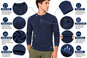 เสื้อเชิ้ตแขนยาวทรงเฮนลีย์ผ้าวาฟเฟิลสีกรมท่าสำหรับผู้ชาย เสื้อยืดคอกลมสีพื้นลำลอง เสื้อยืดแขนยาวผู้ชาย คุณภาพสูง ผลิตจากผ้าฝ้ายผสมโพลีเอสเตอร์ - Product Image 5
