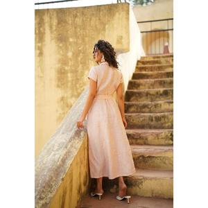 Vestido Maxi Boho de Algodón y Lino para Mujer, Vestido Midi Suave Color Durazno con Botones, Media Manga, Cintura Ajustable, Vestido de Verano - Product Image 2