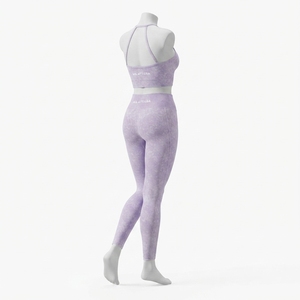 <b>Women</b> Lavender Acid Wash Yoga Set Halter Neck <b>Crop</b> Sports Bra High Waist Full Length <b>Leggings</b> Gym Fitness Activewear - Product Image 2