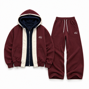 Conjunto de Sudadera con Capucha y Pantalones de Chándal para Hombre, Color Borgoña, con Doble Cremallera, Diseño Personalizado en Capas, Cremallera Beige, Capucha Azul, Forro Polar Grueso y Pantalones de Pierna Ancha - Product Image 5