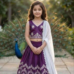 Shoryam mode filles violet taffetas soie Lehenga Choli brodé longueur au sol haut court jupe ensemble vêtements ethniques traditionnels pour - Product Image 1