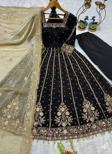 Black Silk Anarkali <b>Suit</b> With Gold Embroidery And Dupatta For <b>Women</b> Traditional Indian <b>Wedding</b> Wear - Product Image 3