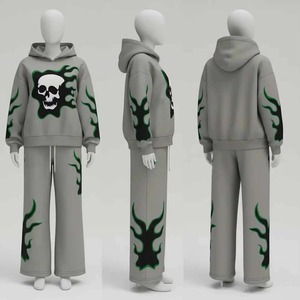 Ensemble de survêtement Y2K pour homme entièrement personnalisé, en molleton épais gris, avec broderie tête de mort et flammes, pantalon évasé, style streetwear, OEM ODM - Product Image 1