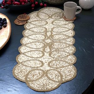 Classic Woven Table Runner Beaded Pattern Gold Cream Linen Home Decor Washable Hand Wash - Product Image 3