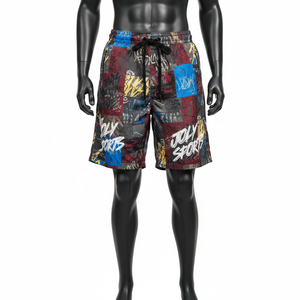 กางเกงขาสั้นผ้าโพลีเอสเตอร์น้ำหนักเบา 120 GSM แบบกันลม พิมพ์ลายกราฟฟิตีหลากสีแบบปะติด พร้อมสกรีนโลโก้ตามสั่งสำหรับผู้ชาย - Product Image 1
