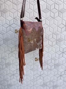 Western Pattern Hand Tooled Carving Handbag Designer Cowhide Fur Leather Gypsy Boho Vintage Fringe Shoulder Bag Stylish Bags - Product Image 2