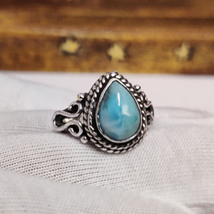 Bague Larimar en argent sterling 925, pierre précieuse taille poire, bijou de déclaration pour mariage, fiançailles, anniversaire, avec sertissage clos - Product Image 4