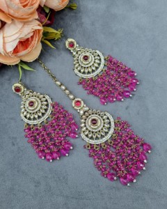 Royal Heavy Beaded Cluster CZ Stone Chandbali Earrings And Mangtika Set Antique Gold Plated Designer Fashion Jewellery For Women - Product Image 5