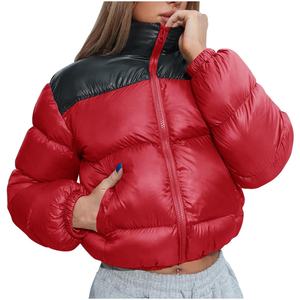 Women's Green Quilted Puffer <b>Jacket</b> With Black Contrast Shoulder Full <b>Sleeve</b> <b>Short</b> Winter Coat Polyester Wadding Zipper Closure - Product Image 6