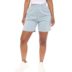Shorts en molleton bleu clair pour femmes, taille haute, avec cordon de serrage, taille élastique, coupe décontractée, tricoté, 100% coton, respirant - Product Image 6