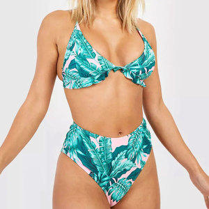 Ensemble de bikini femme Econex Sports style bohème uni, col en V, dos noué, bas taille haute, extensible en Spandex et Polyester - Product Image 1