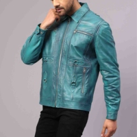 Veste en cuir bleu élégante pour homme, faite à la main, de haute qualité, respirante, fusion de fonctionnalité et d'expression.