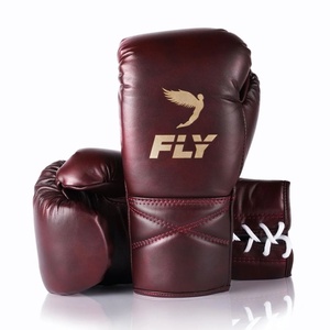 Gants de boxe Fly en cuir de vachette véritable, à lacets, à doigts entiers, bordeaux, pour sparring MMA, avec logo doré, équipement d'entraînement pour adultes - Product Image 4
