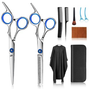 Ciseaux professionnels à effiler les cheveux en acier inoxydable, lame 440C, pointe affûtée, pour droitiers, manche long, usage salon, couleur bleue - Product Image 1