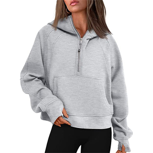 Sweat-shirt à capuche gris en tricot pour femme, manches longues, fermeture éclair, décontracté, respirant, couleur unie, pull-over, vêtements d'automne - Product Image 5